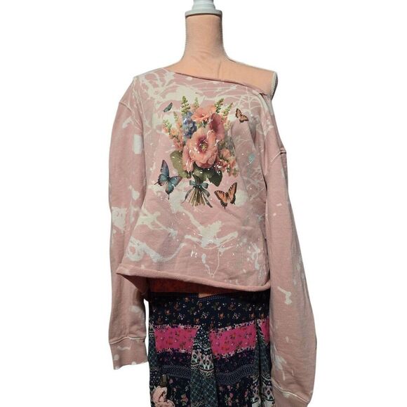Custom Upcycled Off Shoulder Pink Floral Bouquet Handpainted Sweatshirt - Picture 1 of 4